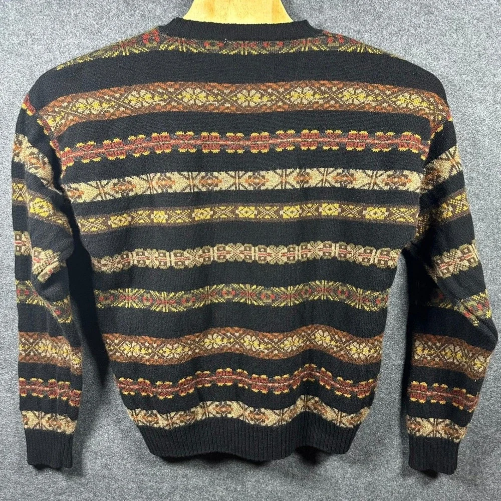Geoffrey Beene Mens‎ M Black Multi Color Geometric Lambswool Sweater Crew Neck